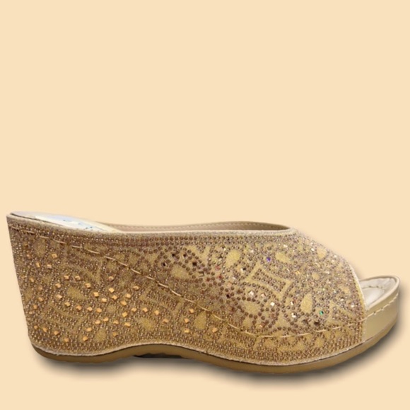 Restocked! Italina Gold Metallic Rhinestone Embellished Wedge Heel - Picture 2 of 9